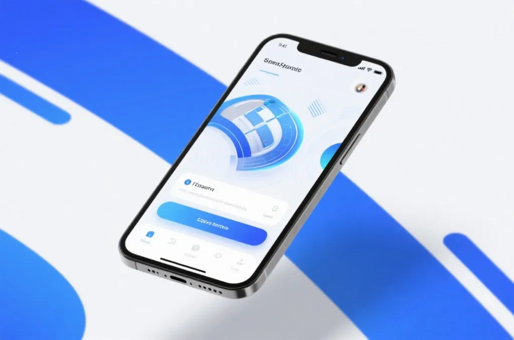 A modern smartphone displaying a clean, futuristic sports-themed user interface, with high-tech elements and abstract blue and white background, editorial style.